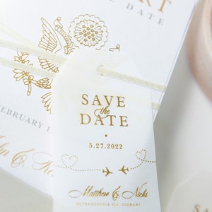 Passport Wedding Save the Date Vellum with Gold Foil Boarding Pass,Wedding Abroad, Destination Wedding, Travel Wedding, Plane Ticket image 4