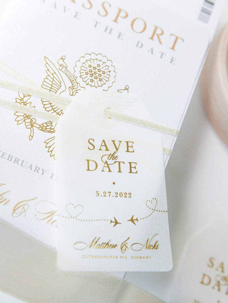 Passport Wedding Save the Date Vellum with Gold Foil Boarding Pass,Wedding Abroad, Destination Wedding, Travel Wedding, Plane Ticket image 4