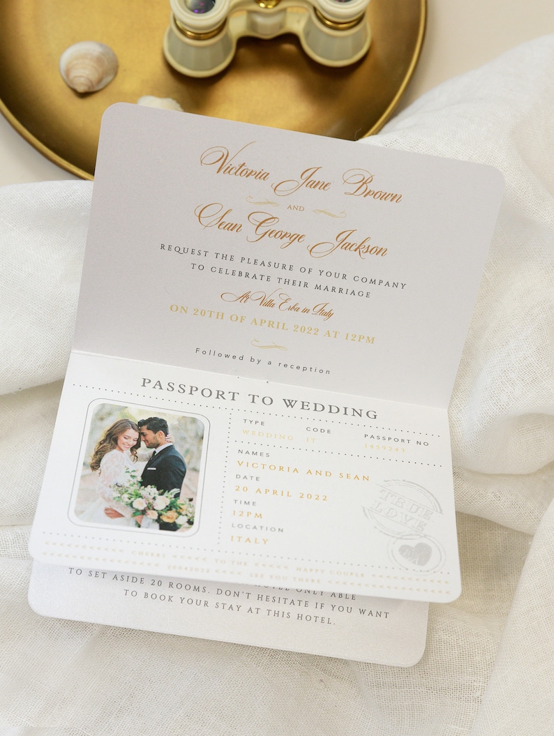 Gold Invite Plane Luxury Passport Wedding Invitation Plane Engraved, Gold Foil Boarding Pass,Wedding Abroad, Destination Wedding,Travel image 5