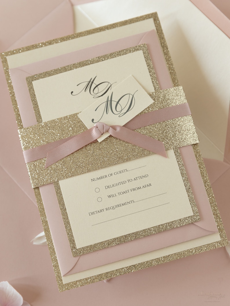 Modern Gold Glitter Wedding Invitation with Belly Band, Simple Rose Pink Elegance Pink Ribbon, Custom Tag, Rsvp Card Envelopes w/ Liners image 7