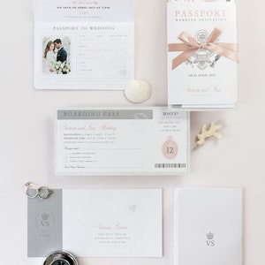 Luxury Passport Wedding Invitation Bow Glitter Real Foil + RSVP Boarding Pass Invite, Wedding Abroad, Destination Wedding, Travel, Ticket