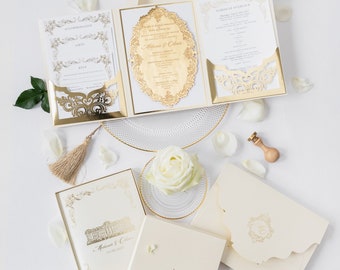 Luxe goud verijdelde trouwsuite met goud spiegelpapier, huwelijksuitnodiging Box Set, spiegel huwelijksuitnodiging, acryl huwelijksuitnodiging