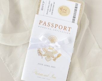 Luxury USA Passport Wedding Invitation Glitter Champagne & Real Foil Boarding Pass Invite,Wedding Abroad Destination Wedding, Travel, Ticket