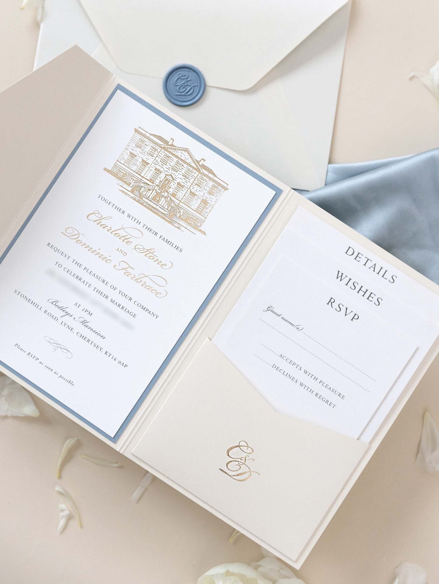 Bespoke Wedding Venue Illustration Venue Invitation in Dusty Blue & Champagne Pocket Suite in Classic Envelope Fold in Gold Foil