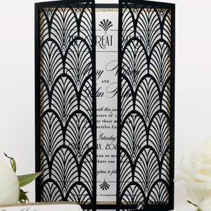 Black Laser cut, Art Deco, Gold Great Gatsby 1920's Personalized Gatefold Wedding Invitation, Glitter Custom Monogram & Envelope, Die Cut image 5