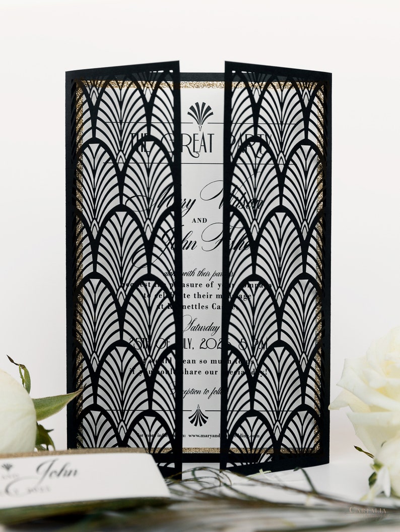 Black Laser cut, Art Deco, Gold Great Gatsby 1920's Personalized Gatefold Wedding Invitation, Glitter Custom Monogram & Envelope, Die Cut image 5