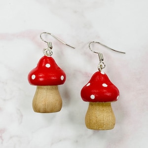 Wooden Toadstool Dangle Earrings: Autumn Theme, Silver Plated