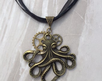 Bronze Steampunk Octopus and Cog / Gear Necklace