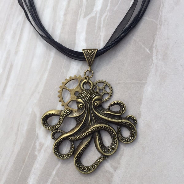 Bronze Steampunk Octopus and Cog / Gear Necklace