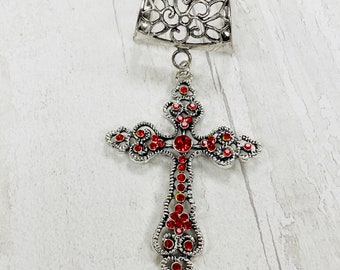 Red Gem Silver Cross Scarf Bail, Silver scarf bail, scarf pendant, scarf ring, scarf slider, scarf jewelry, scarf jewellery, scarf charm