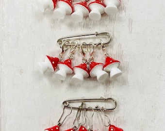 Cute Red Toadstool Stitch Markers, stitch markers, knitting supplies, progress markers, progress keepers, craft supplies, crochet markers