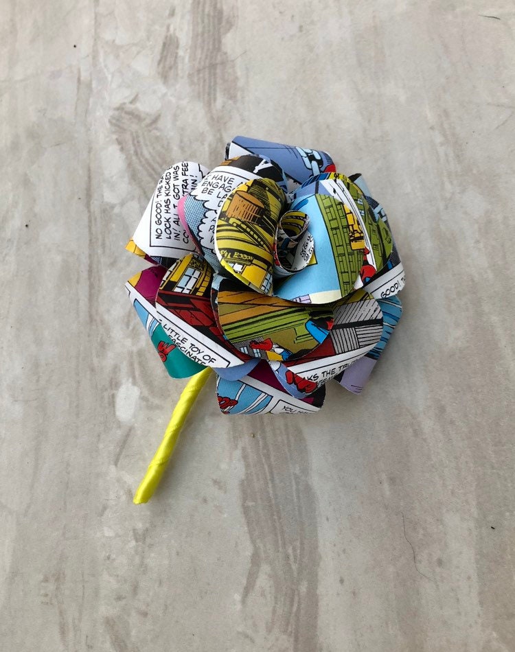 Comic book buttonhole, superhero flower buttonhole, wedding bouquet, comic book boutonnières, paper rose buttonhole, wedding flowers
