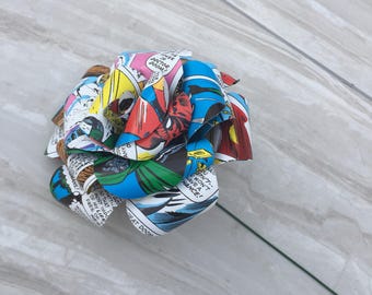 Comic book paper rose, paper roses, gift for her, superhero flowers, comic book rose, long stem rose, wedding flowers, paper bouquet