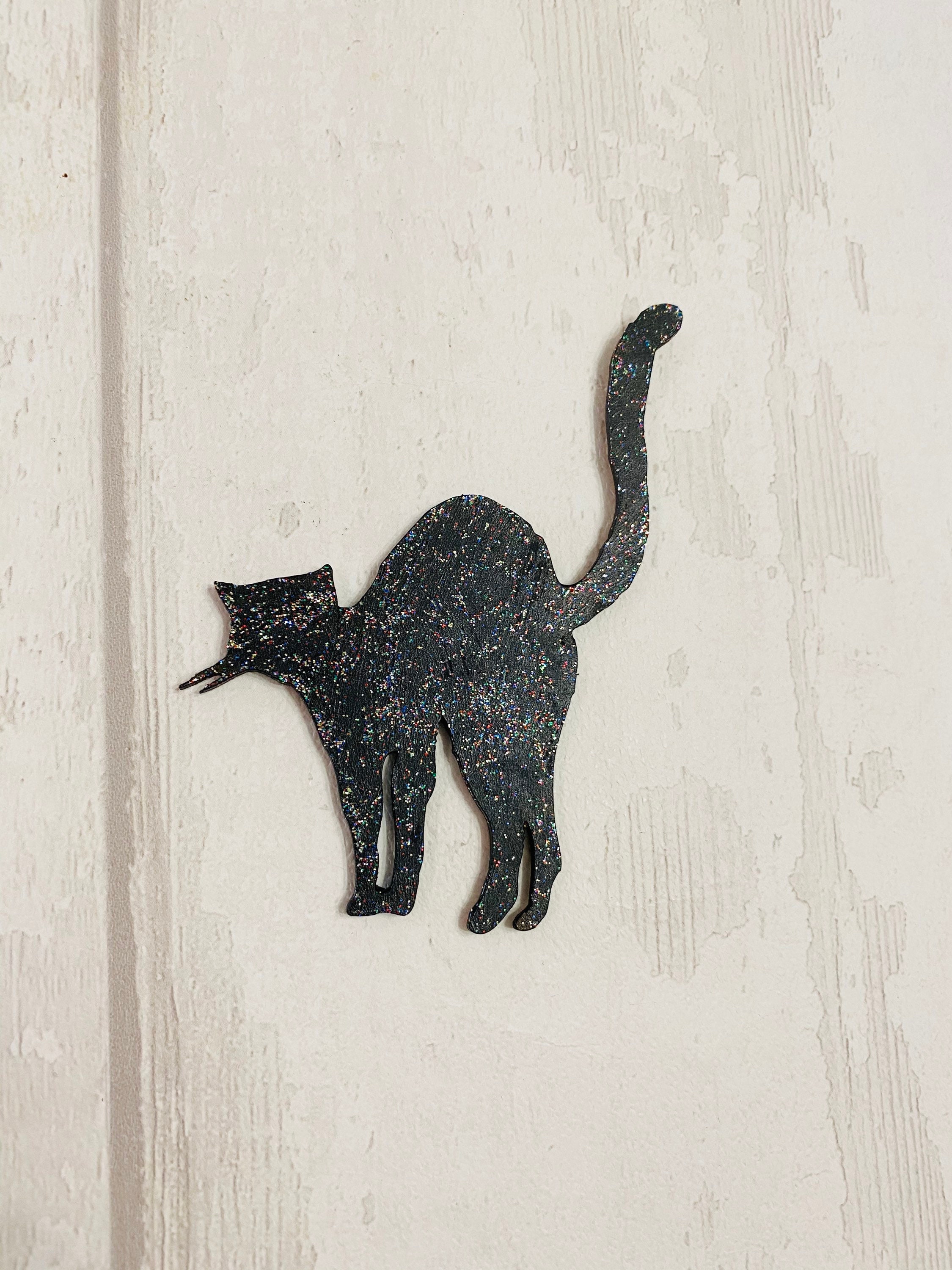 Sparkly Black Cat fridge magnet, wooden magnet, Halloween magnet, kitchen decor, Halloween decor, Halloween gift