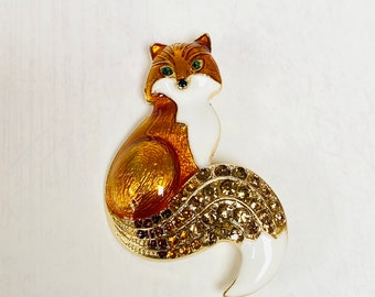 Enamel and Rhinestone Gold Fox Brooch - Fox Pin - Fox Badge - ideal gift for Christmas, birthday, animal lover