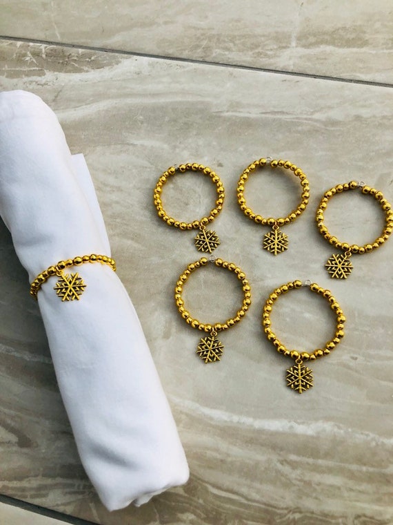 6 Gold Napkin Rings Party Home Decoration Beaded Xmas Table Serviette Dinner