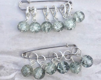 Large Grey Glass Bead Stitch Markers, stitch markers, knitting supplies, gift for knitter, snag free, craft supplies, crochet markers