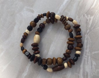Pulseras elásticas con cuentas de madera, pulseras elásticas - pulsera con cuentas de madera, pulsera apilable, juego de dos