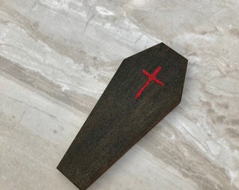 Black Coffin Fridge Magnet: Hand Painted Wooden Halloween Decor