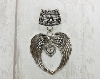 Silver Angel Wings and Heart Scarf Bail, silver scarf bail, scarf pendant, scarf ring, scarf slider, scarf jewelry, scarf charm