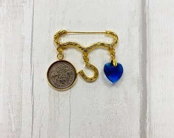Gold Sixpence bridal pin, Something old, new, borrowed and blue, garter pin, lucky sixpence, bridal gift, bridal pin