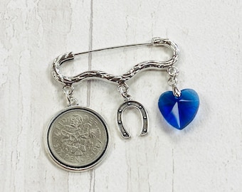 Sixpence bridal pin, Something old, new, borrowed and blue, garter pin, lucky sixpence, bridal gift, bridal pin