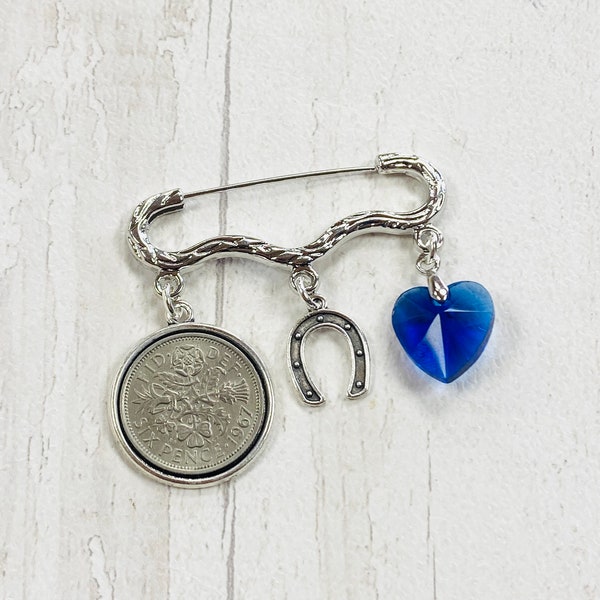 Sixpence Brautschmuck, etwas Altes, Neues, Geborgtes und Blaues, Strumpfband Pin, Glücksbringer Sixpence, Brautgeschenk, Brautschmuck