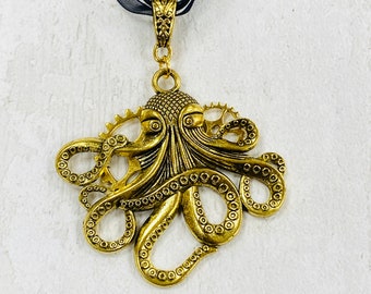 Octopus Steampunk Necklace, gold octopus, steampunk jewelry, metal gears, metal cogs, large gold octopus