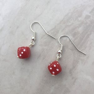 Red Dice dangle earrings, lucky dice earrings, drop earrings, novelty earrings, gift for her, stocking filler, gift for gamblers, casino