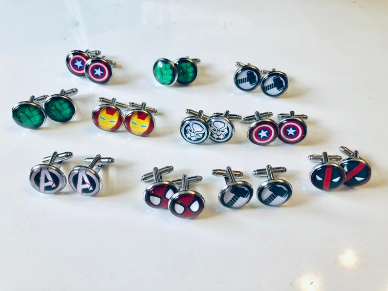 Superhero logo themed cufflinks, ideal for parties, graduation, weddings, birthday or anniversary image 1