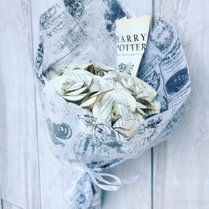 Wizard themed book page paper roses, bunch of 5 roses, recycled book roses, literature roses, wedding flowers, new home gift, birthday gift