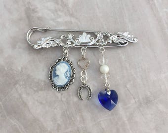 Something old, new, borrowed and blue, bridal pin, wedding tradition, bridal gift, ornate kilt pin, something blue brooch, bridal brooch