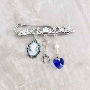 Large ornate bridal charm brooch, something old something new something borrowed something blue, garter pin, lucky charm