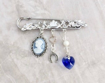 Large ornate bridal charm brooch, something old something new something borrowed something blue, garter pin, lucky charm