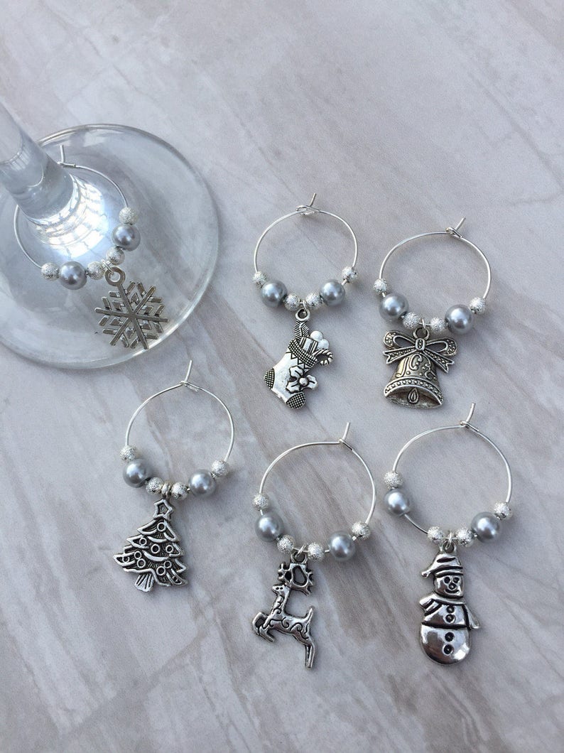 Christmas wine glass charms, set of 6 table decor, festive charms, gift for wine lover, party accessories image 2