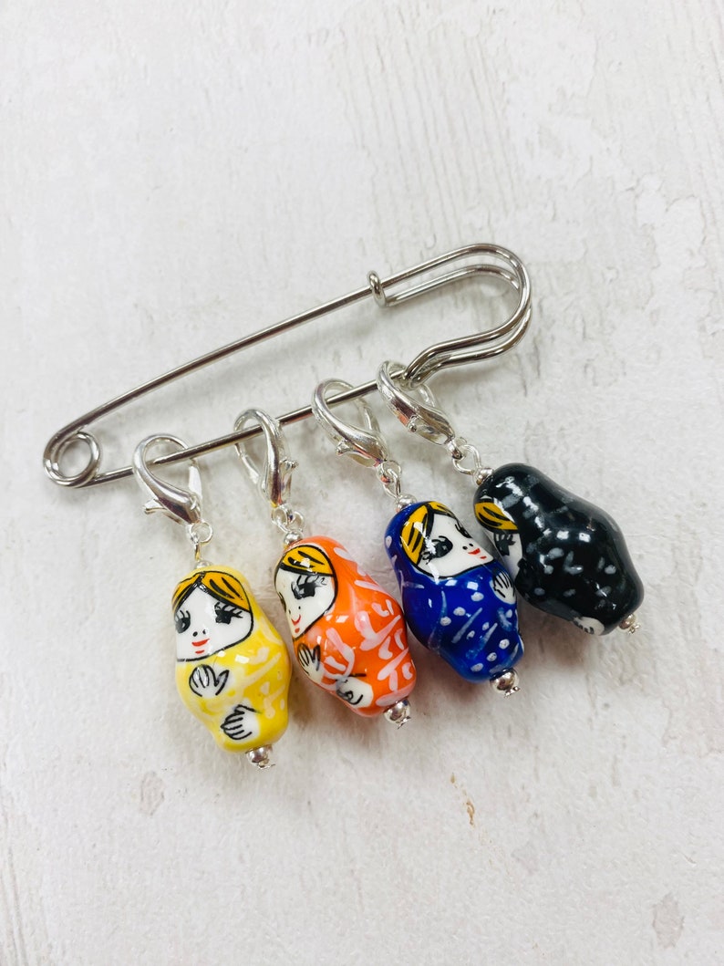 Porcelain Russian Doll Style Stitch Markers, progress markers / keepers for knitting and crochet Lobster clasps