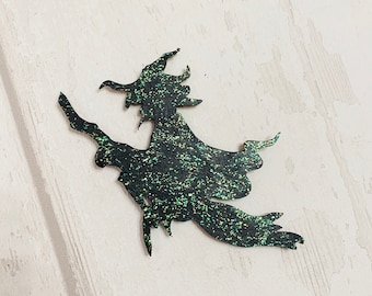Sparkly Black Flying Witch fridge magnet, wooden magnet, Halloween magnet, kitchen decor, Halloween decor, Halloween gift