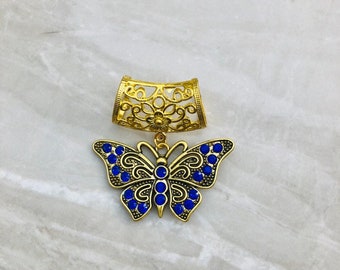 Royal Blue Rhinestone Butterfly Scarf Bail, Gold scarf bail, scarf pendant, scarf ring, scarf accessory, scarf jewelry, scarf charm
