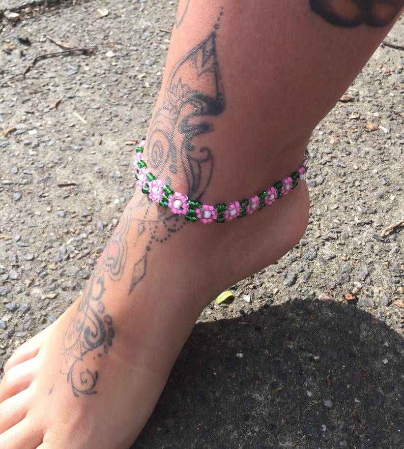 Beaded flower anklet seed bead anklet poppy anklet beaded Etsy