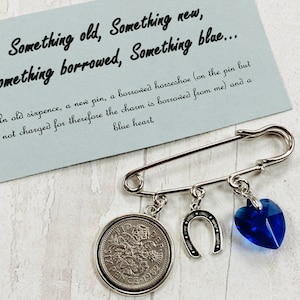 Something old, new, borrowed and blue, garter pin, sixpence, bridal gift, bridal pin, something blue brooch, bridal brooch