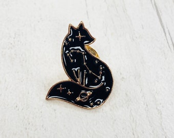 Black Celestial Fox Enamel Pin Badge - fox lapel pin - night sky fox badge
