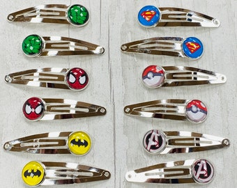 Superhero logo themed hair clips, snap hair clips, character logo hair accessories, gifts for boys, gifts for girls, hair barrettes