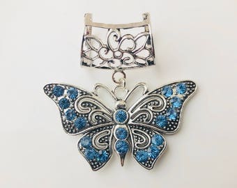 Blue Rhinestone Butterfly Scarf Bail, silver scarf bail, scarf pendant, scarf ring, scarf slider, scarf accessory, scarf jewelry, scarf char