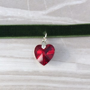 Green Velvet Choker, Goth Choker, Heart Choker, Black Choker, Choker Necklace, Crystal Heart Choker, velvet choker