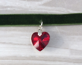 Green Velvet Choker, Goth Choker, Heart Choker, Black Choker, Choker Necklace, Crystal Heart Choker, velvet choker