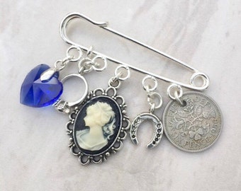 Bridal Charm Pin, Something old, new, borrowed and blue, garter pin, lucky sixpence, bridal gift