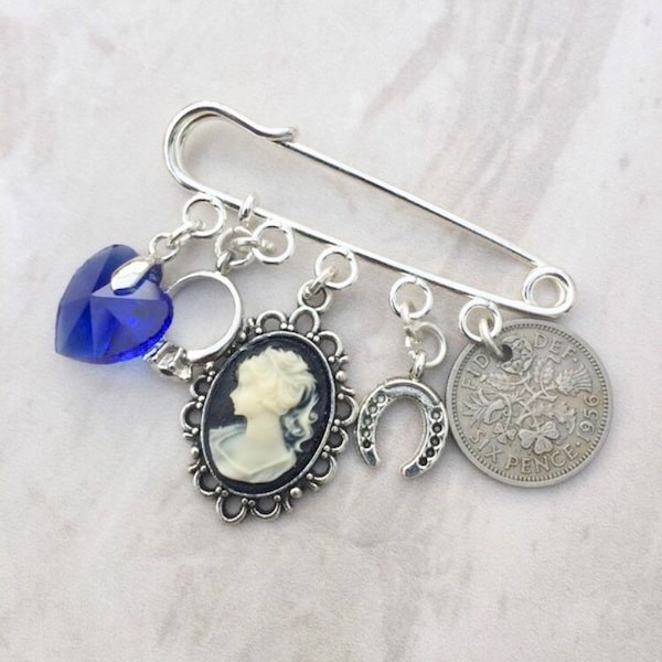 Bridal Charm Pin, Something old, new, borrowed and blue, garter pin, lucky sixpence, bridal gift