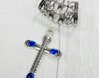 Bijou de foulard croix en argent bleu, bélière de foulard en argent, pendentif écharpe, anneau de foulard, curseur d'écharpe, bijoux écharpe, bijoux écharpe, breloque écharpe