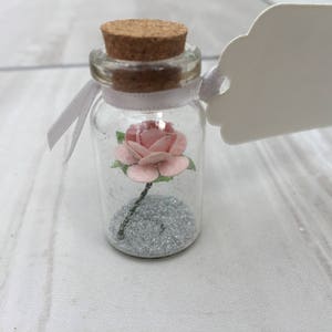 Rose in bottle wedding favours, party favours, favours with personalised tags, wedding table name holders