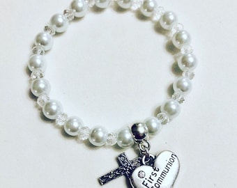 Pearl Bead First Communion bracelet, confirmation, baptism gift - religious jewellery, holy communion